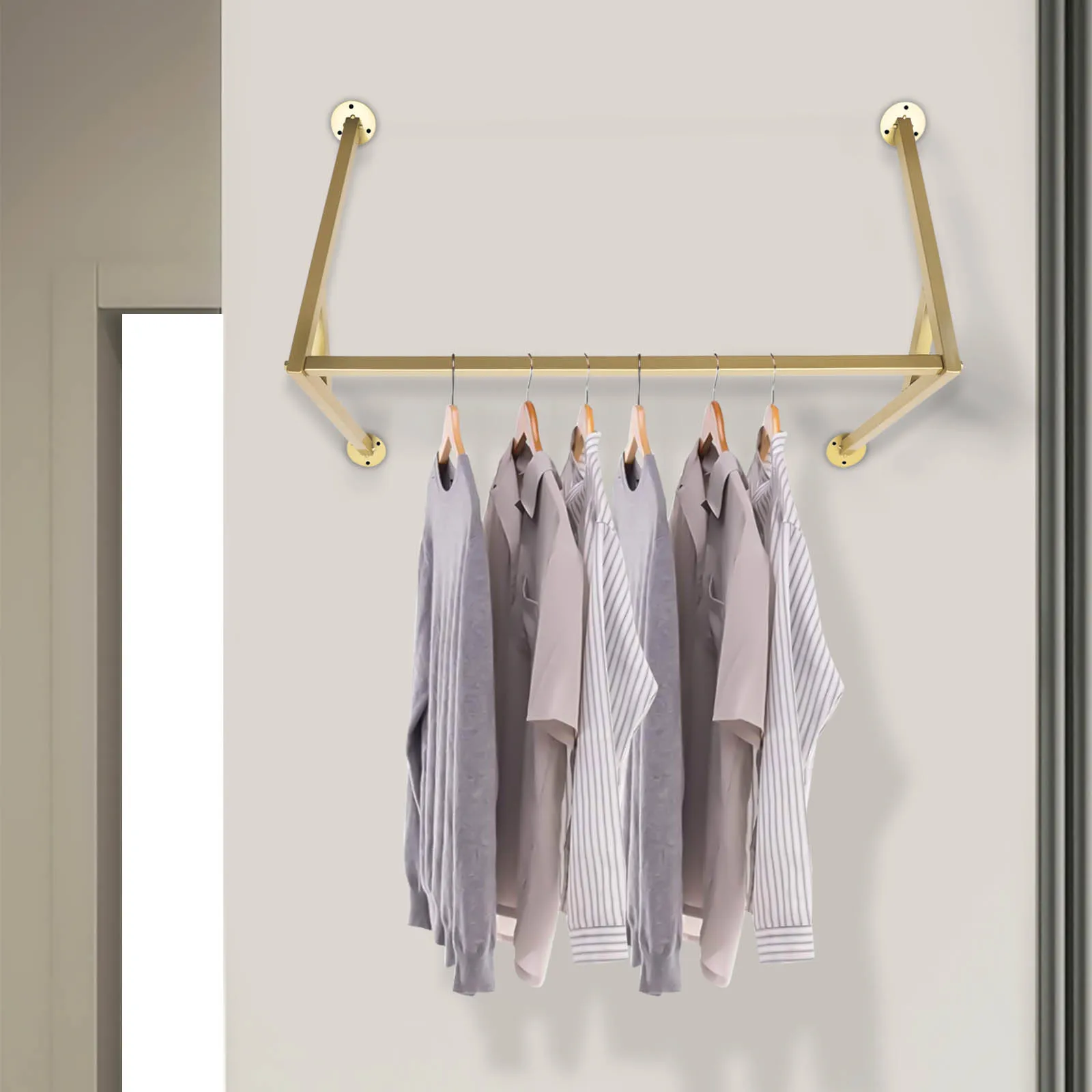 

Gold Wall Mounted Clothing Rack, Garment Hanger Display for Retail Boutique,Space Saving Clothes Organizer, Apparel Showcase Rod