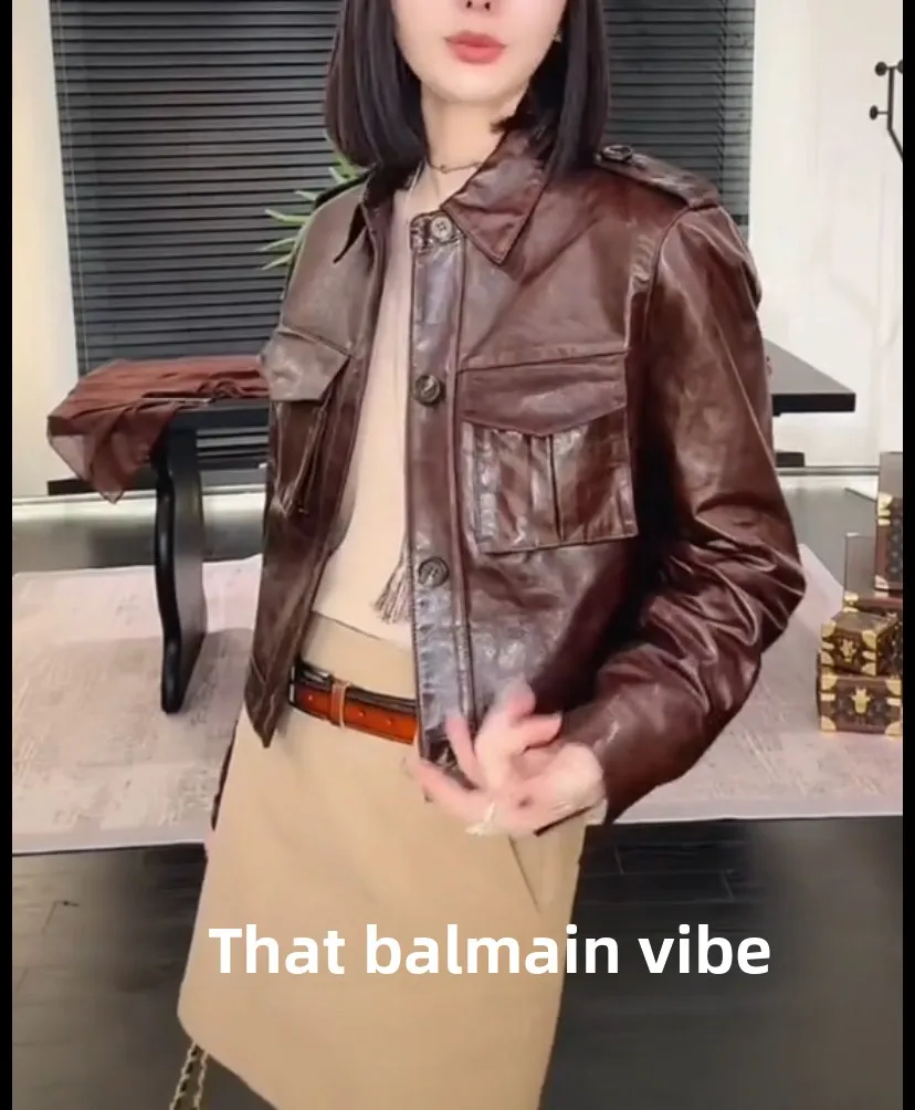 2025 Nieuwe vrouwen ort Lederen Jaet Rits Motorfiets Olie Wax eapenvacht Jas Echt Leer Faionable Pendelen Sle