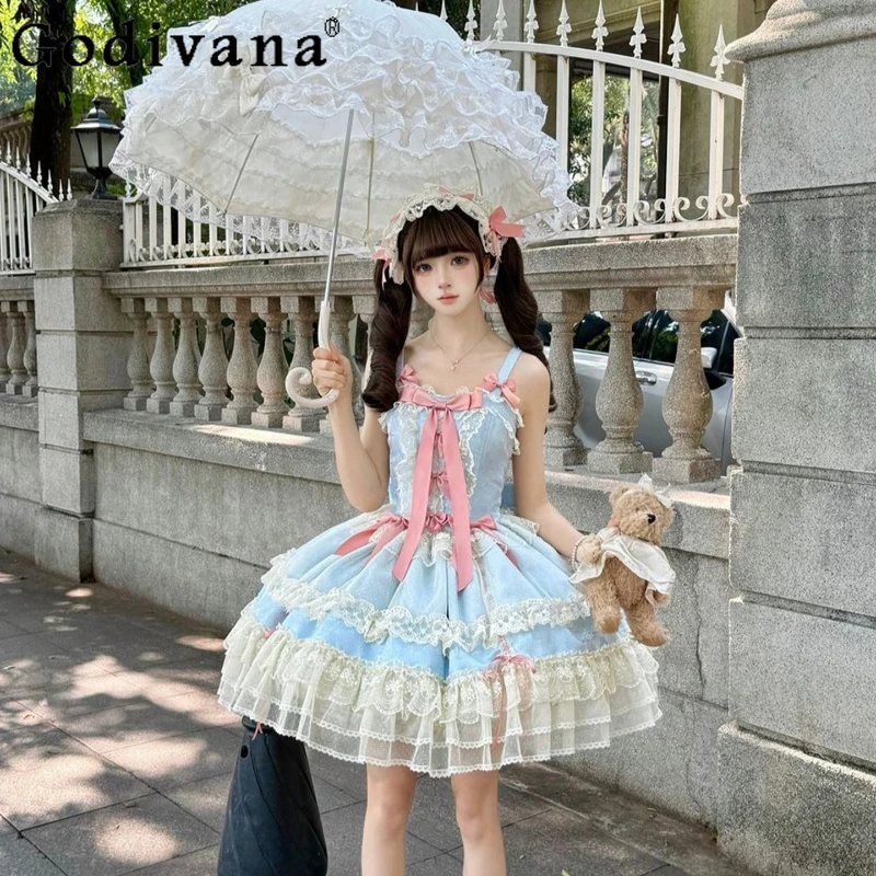 

Summer Blue Lolita Ballet Style Dress for Women JSK Strap Birthday Wedding Dress Female Japanese Style Princess Cake Dress