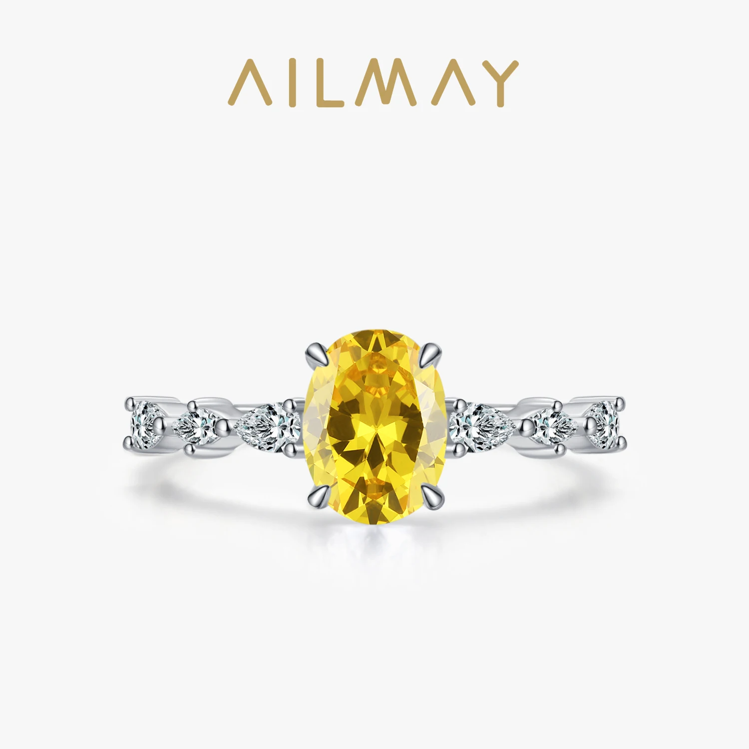 Ailmay 925 Sterling Silver Luxury Oval Yellow Shining Crystal Finger Ring For Women Engagement Wedding Trendy Fine Jewelry Gift