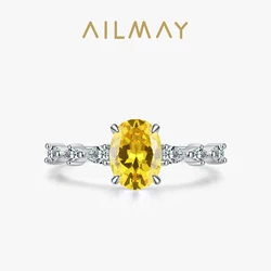 Ailmay 925 Sterling Silver Luxury Oval Yellow Shining Crystal Finger Ring For Women Engagement Wedding Trendy Fine Jewelry Gift