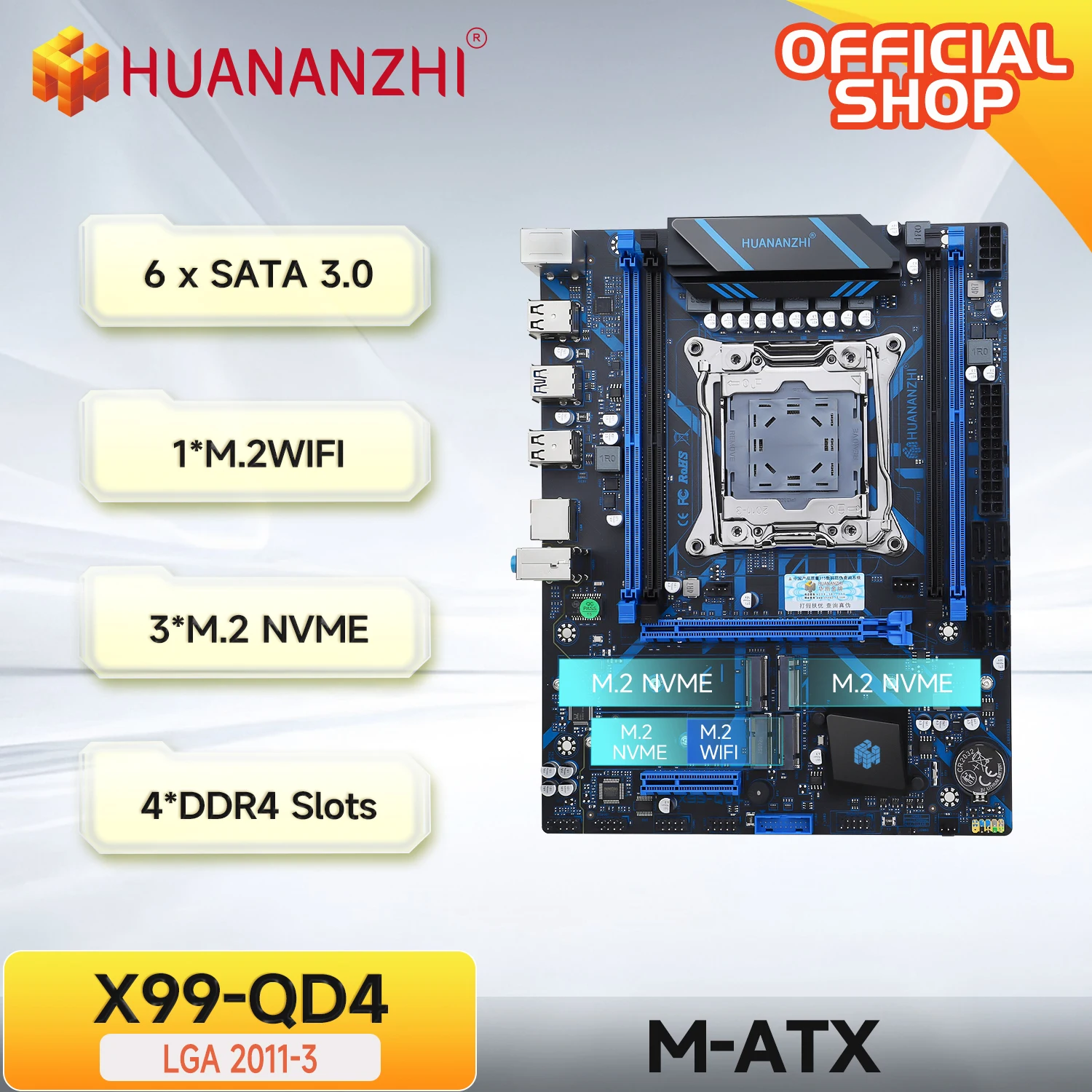 HUANANZHI X99 QD4 LGA 2011-3 XEON X99 Motherboard Intel E5 2640 2666 2670 2696 V3 V4 support DDR4 RECC NON-ECC Memory NVME SATA