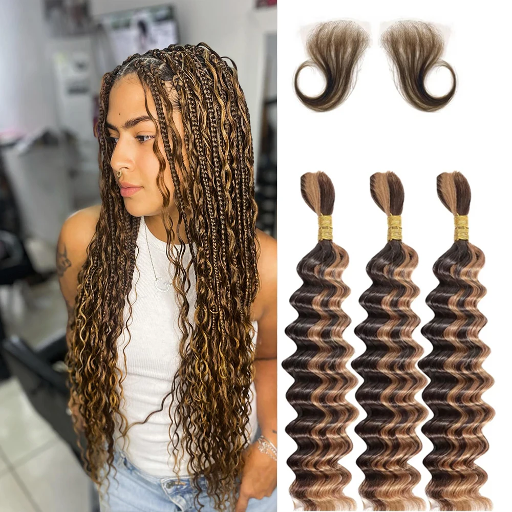 Human Braiding Hair 3 Bundle 20 Inch Human Hair Bundles for Braiding Highlight P4/27 Color Deep Wave Bulk Human Hair Bundles