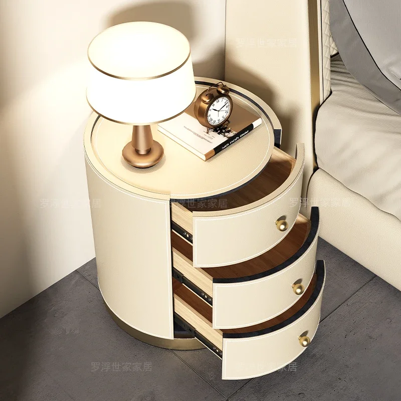Bedside table Saddle leather Light luxury High sense Modern simple round small bedroom Storage side cabinet