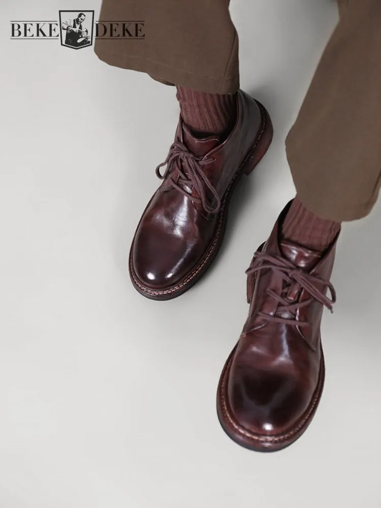 Vintage Fashion Men Round Toe Kangaroo Skin Genuine Leather Work Shoes Lace Up High Top Motor Biker Riding Safety Ankle Boots