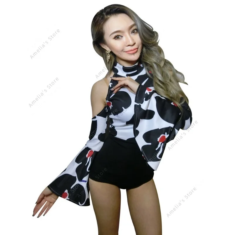 

Sexy Print Bodysuit Women Flare Long Sleeve Patchwork Leotard Nightclub Gogo Dancer Stage Wear Jazz Dance Performance Costume