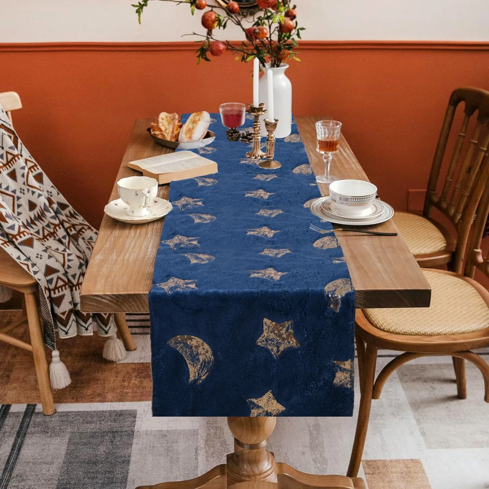 BUYNOW 1PC Star and Moon Sequin Embroidered Table Runner Ramadan Crescent Moon Embroidered Solid Color Table Runner Decor