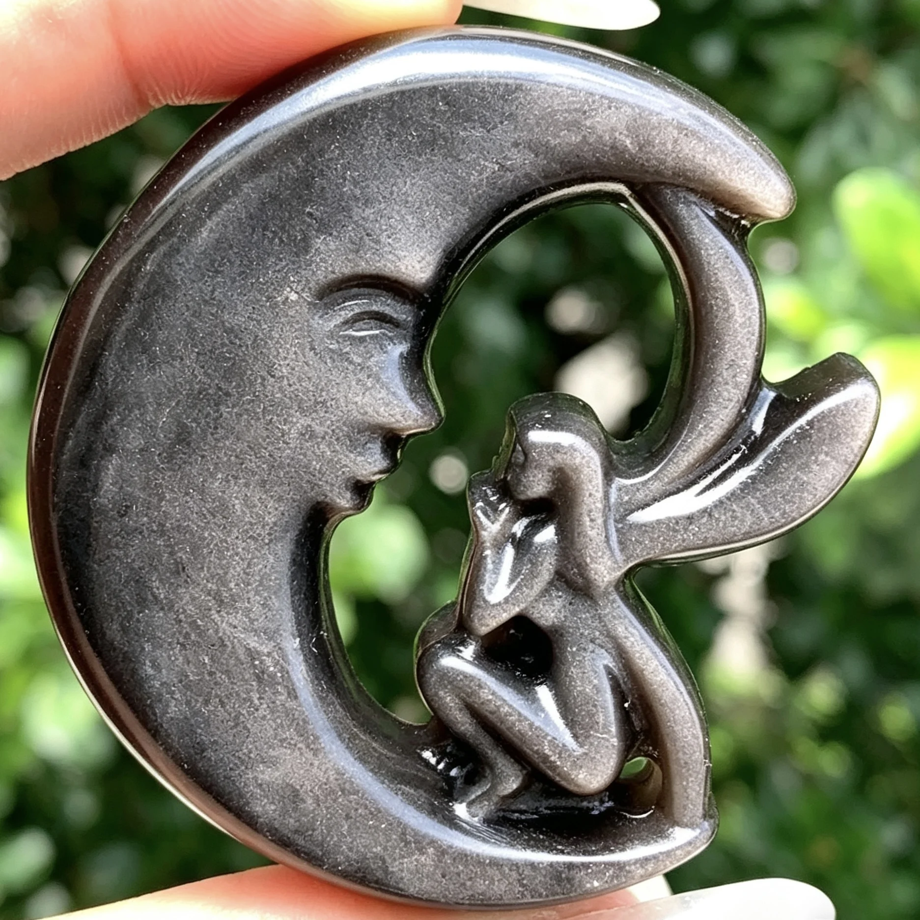 1pc Natural Silvery Obsidian Moon Fairy Crystal Carving, Handcrafted Healing Gemstone Craft, Reiki Charged Decorative Accent