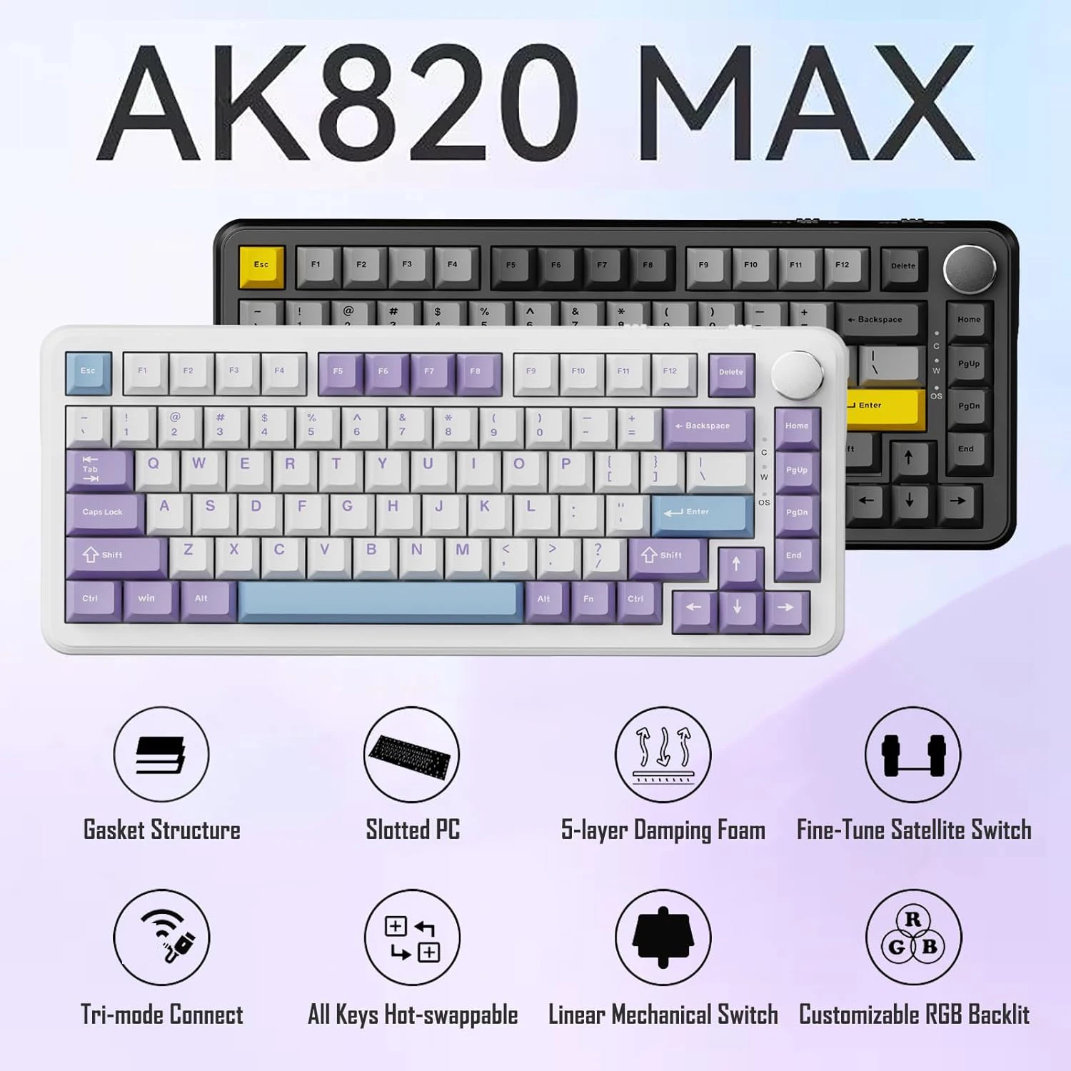 AK820MAX Three-Mode Hot-Swappable Mechanical Keyboard with Gasket, Long Battery Life, Five-Layer Filling PC