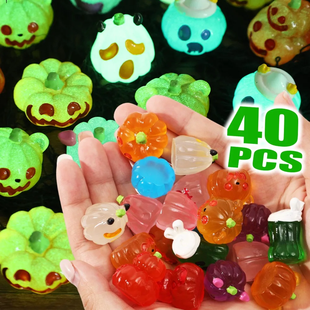 

Cute Spooky Halloween Ornaments Glow Dark Pumpkin Ghost Luminous Mini Figurine Resin Craft for Car Dashboard Decor Party Gift