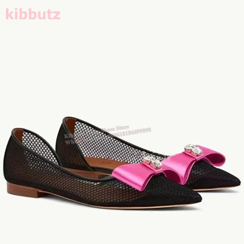 Busur kristal Mess pompa tunggal ujung runcing datar dengan dangkal Slip-On Glossy warna campuran merah muda mode seksi elegan sepatu wanita baru