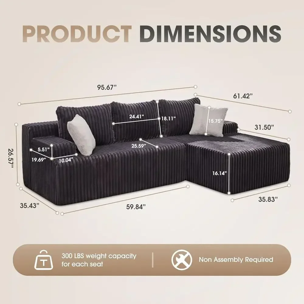 Memory Foam Sectional Sofa with Oversized Chaise for Living Room (Grey Stripe, 96 Right-facing Chaise)