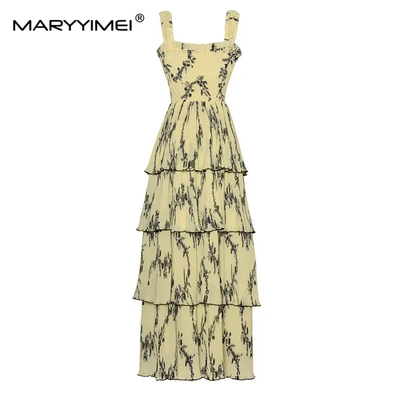 

MARYYIMEI Fashion Runway dress Summer Women's Dress Spaghetti Strap Elastic Waist Geometric Print Cascading Flounces Dresses