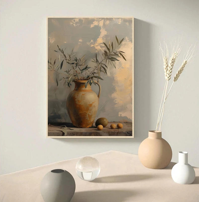Vintage Minimalist Wall Art Italy Olive Tree in Vase Canvas Painting Poster Prints Still Life Botanical Antique Home Room Decor