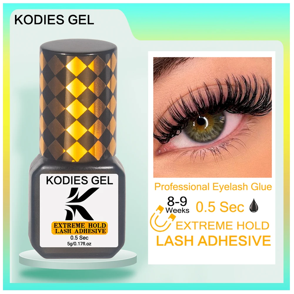 KODIES GEL Extreme Hold Eyelash Glue Professional Lash Glue Extensions Supplies 0.5 Sec Black 8-9 Week Retention Adhesive Bonder