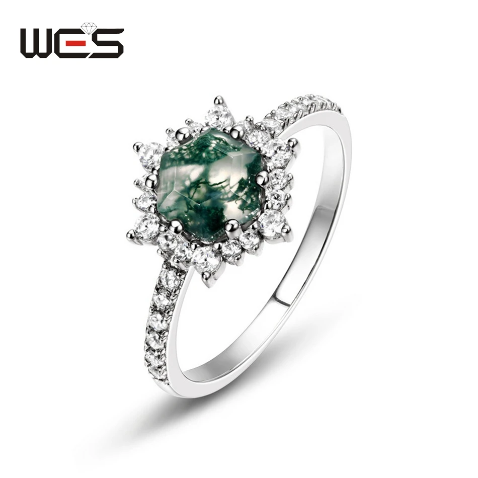 WES 100% 925 Sterling Silver Natural 7*7mm Moss Agate Gemstone Rings For Woman Trendy Fine Jewelry Gift Fashion Advanced Feeling