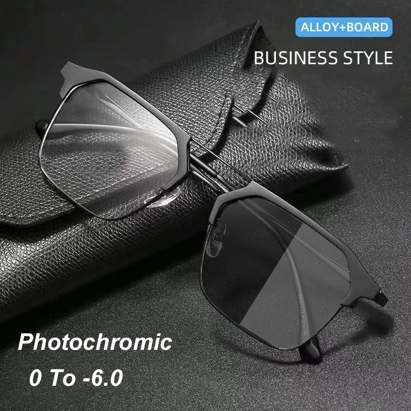 Luxury Double Beam Photochromic Myopia Glasses Vinatge Oversized Square Frame Eyeglasses Men Women Near Sight Eyewear Diopter