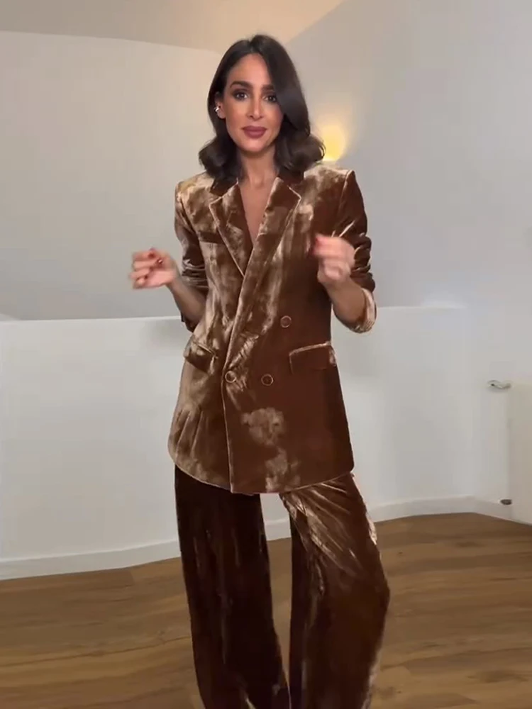 

Elegant Suede V-neck Jacket Pants Set Women Double Breasted Pocket Coat Long Straight Trousers 2025 Fashion 2 Pieces Sets Female