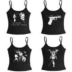 2000s Gothic Tank Top Sexy Women Summer Camis Punk Y2K Harajuku Sleeveless Printed Tights Vest Femme Streetwear Graphic EMO Girl