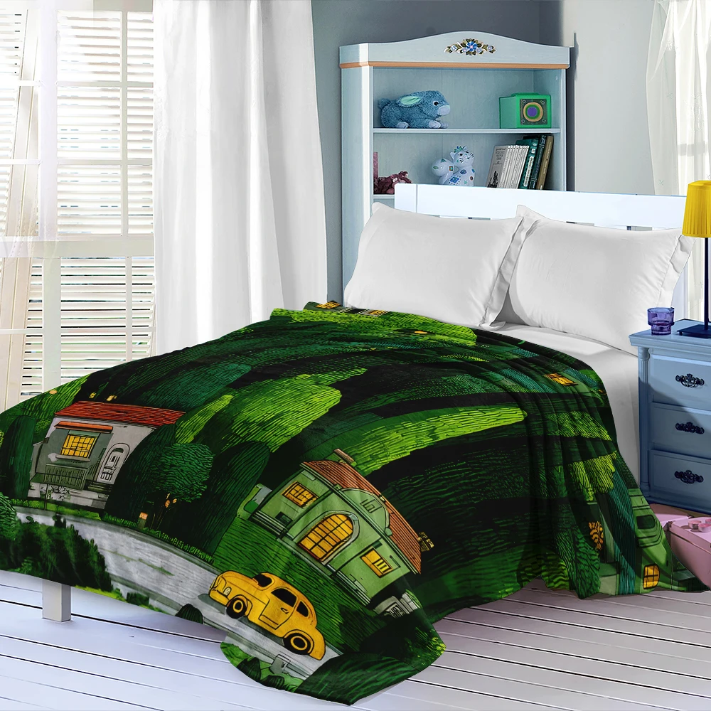 Green Village Houses Flannel Blanket Soft Cozy Throw Blanket for Bed Sofa Couch Fuzzy Plush Bed Cover