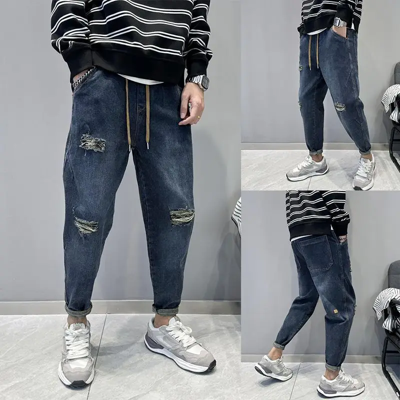 Men's Casual Denim Vintage Washed Loose-Fit Tapered Carrot Pants Autumn Streetwear Embroidered Jeans Baggy Jogger Harem Pants