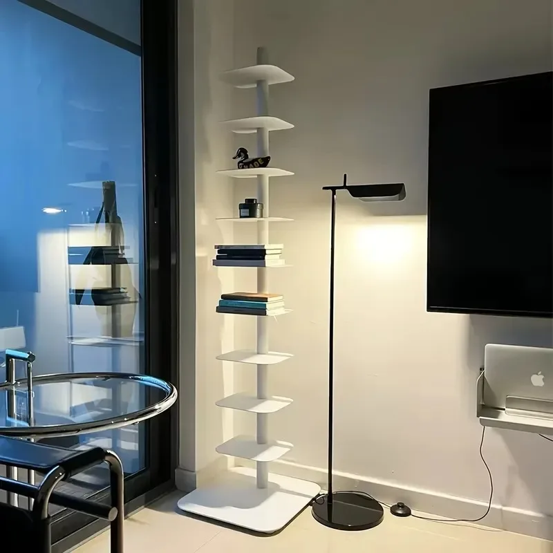1 White Metal Rotating Corner Shelf - 9-layer Space Saving Display Rack, Installation-free Bookshelf, Suitable for Living