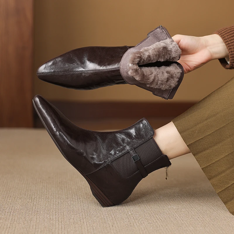 2026 new autumn winter women ankle boots natural leather plus size 22-25cm sheepskin+wool low heel back zip short boots