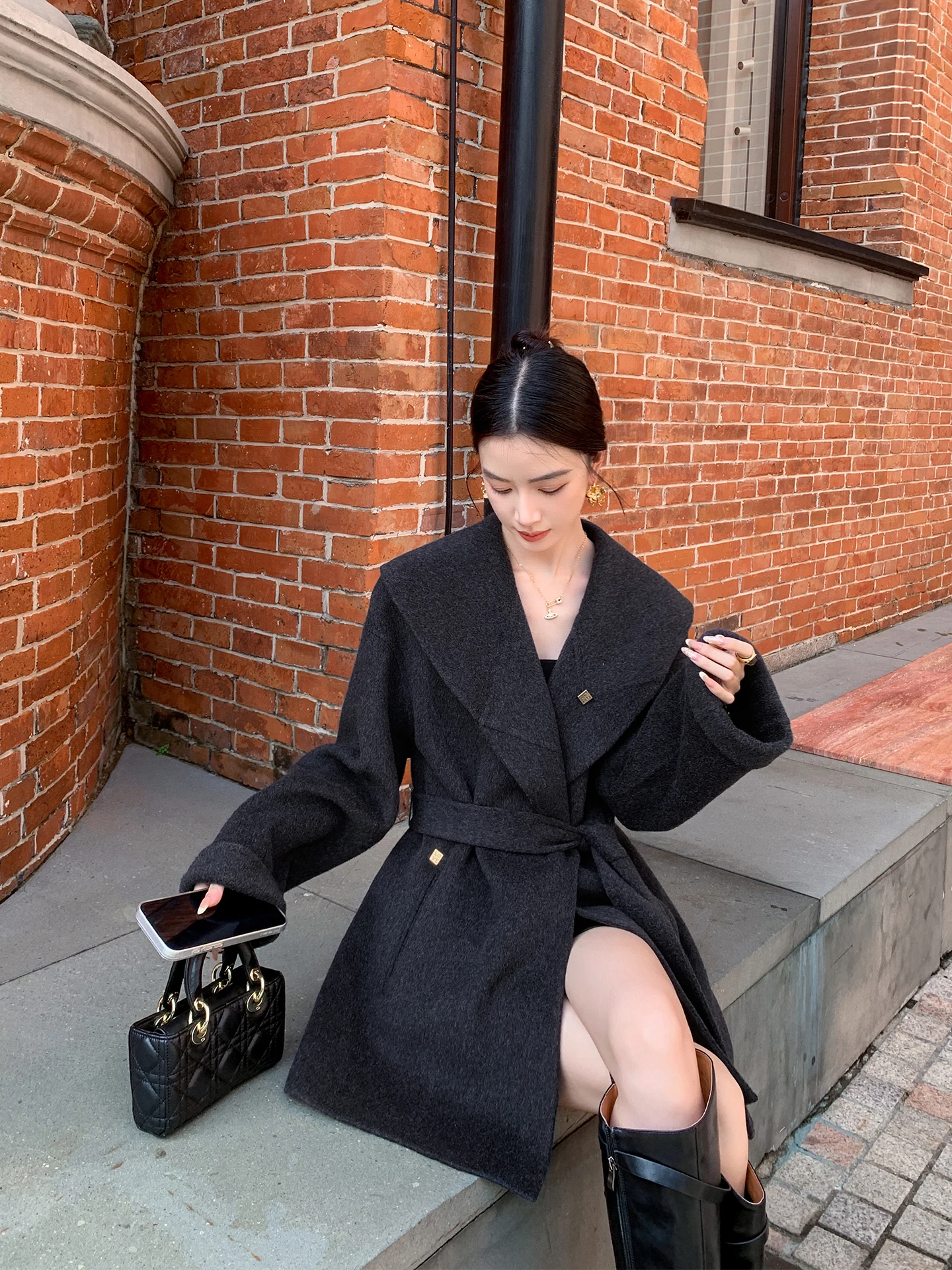 

Пальто Binguo Double-Faced Camere женское с большим воротником и поясом, зимнее, новое, элегантное, премиум-класса, верхняя одежда