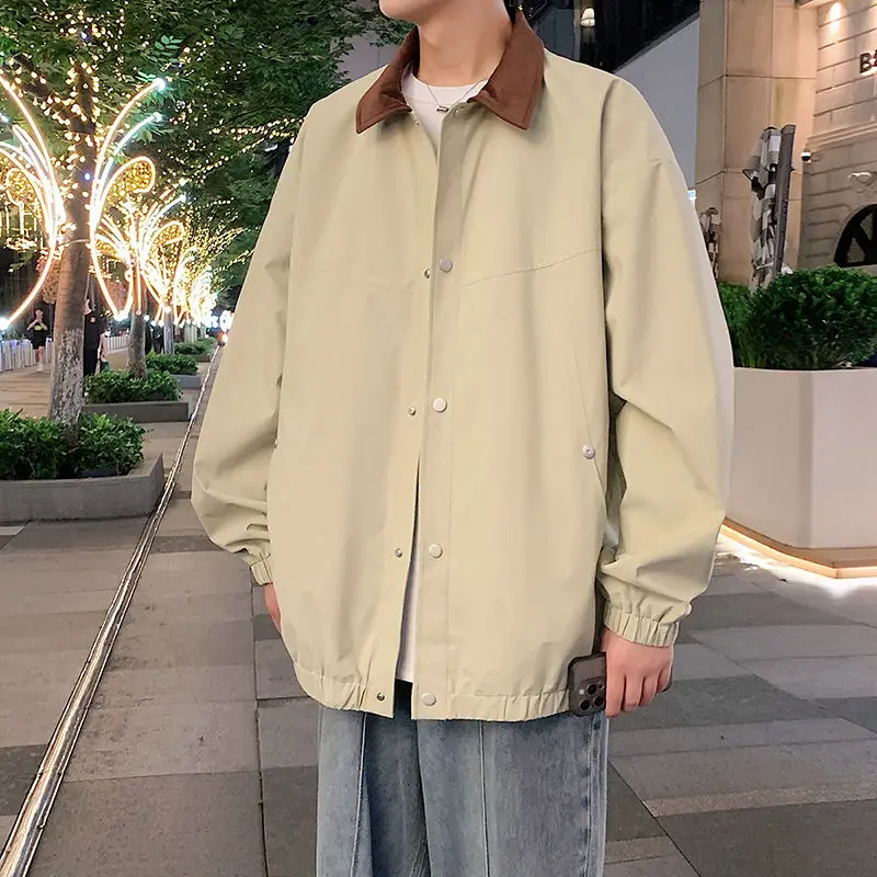 

Loose Fit Men's Jaet Autumn Winter Outdoor Casual Sle Contrast Color Collar Workwear Coat Youth ular Polyester Fabric