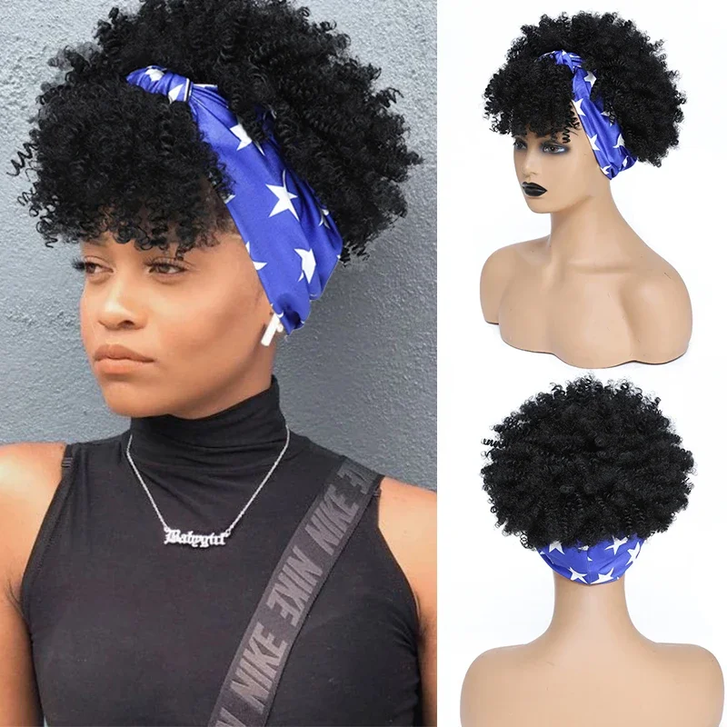 Perruque Synthétique Afro Crépue Bouclée avec Frange pour Femme, Bandeau, Cosplay