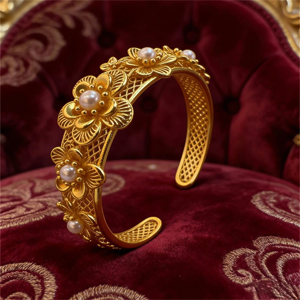 european-american-bold-style-open-bangle-14k-gold-plated-stainless-steel-hollow-filigree-plum-blossom-pearl-bracelet-for-ladies