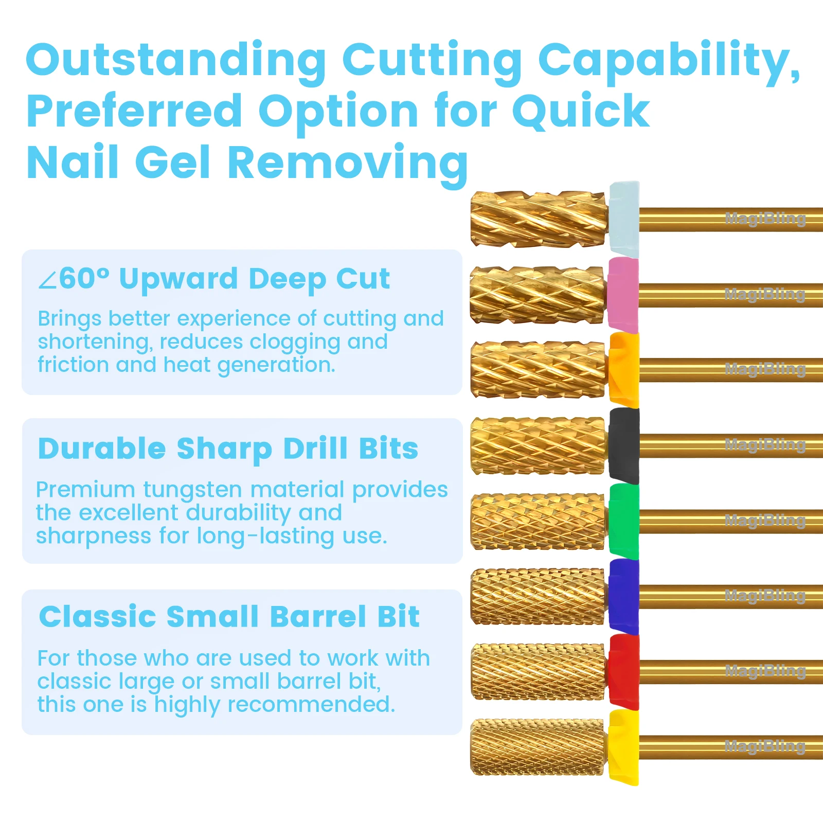 MagiBling ขนาดเล็ก Barrel คาร์ไบด์เจาะเล็บ Bits ฟันขึ้นออกแบบขวามือ Cuticle GEL ขัดลบเล็บเครื่องมือ 3/32''