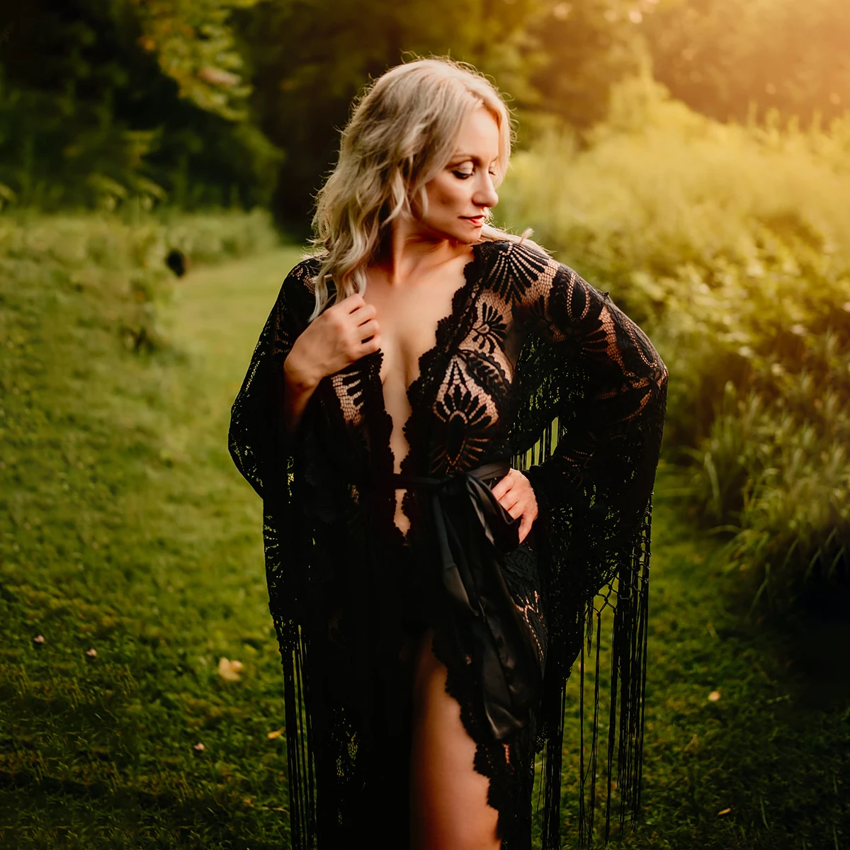 黒ゴシックマタニティ写真撮影ガウンレースローブ自由奔放に生きるロングルーズフリンジスリーブカスタマイズされた 2 ピースタッセルベビーシャワードレス