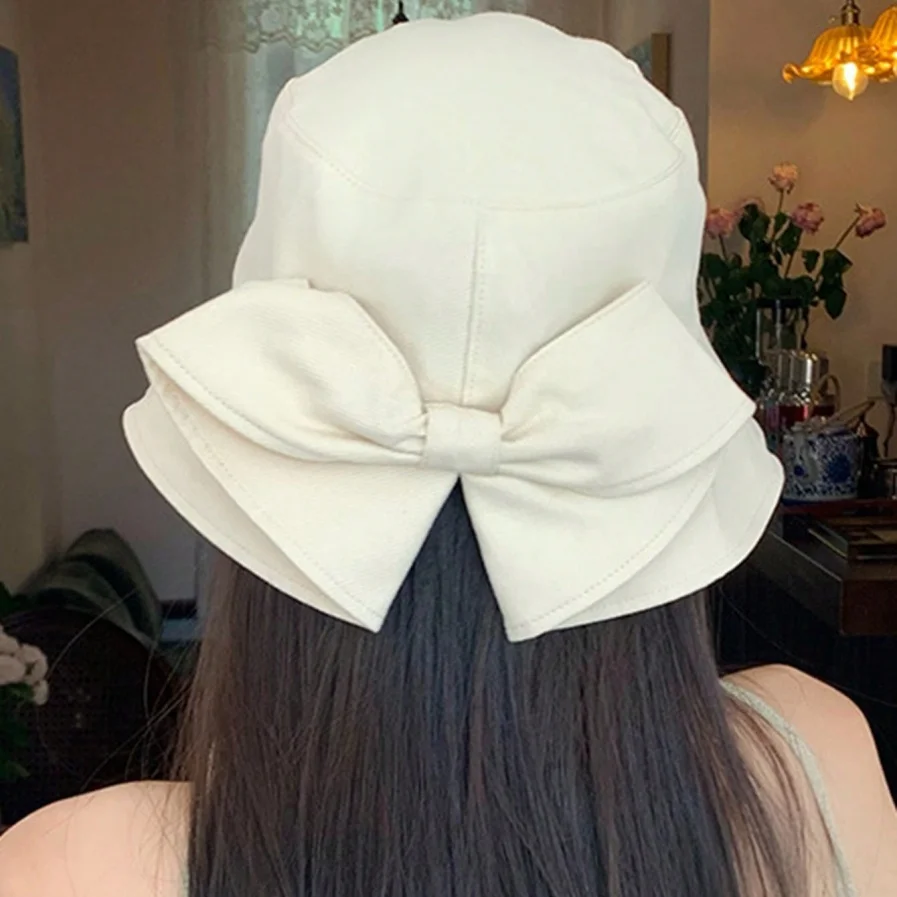 Women's bow bucket hat spring and summer outdoor sun hat, face cover double-sided anti-ultraviolet sun protection hat, double-sided solid color foldable sun hat, suitable for daily wear, commuting and traveling