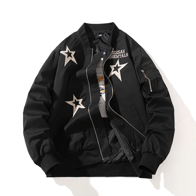 

Men Bomber Jacket Spring Autumn Pentagram Embroidery Streetwear Vintage Baseball Coat Hooded Couple 2023 New Windbreaker