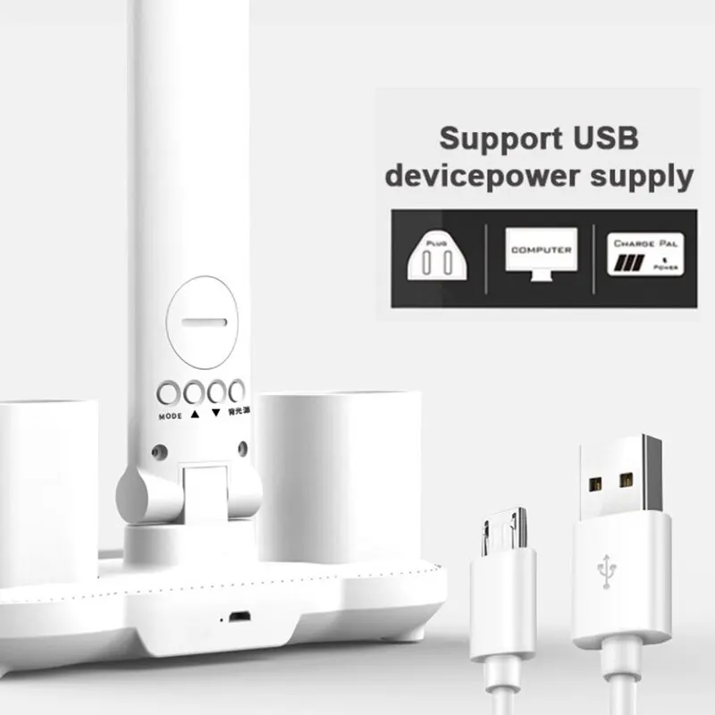 LED 시계 테이블 램프, USB 충전식 조도 조절 데스크 램프, 2 헤드 180 회전 접이식 눈 보호 독서 야간 조명