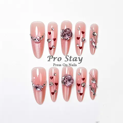 10 st handgjorda press-on naglar lyxiga 3D rosa körsbärs- och hjärta-lösnaglar med diamanter återanvändbara franska söta stil heltäckande tips 10 best sales designer press-on naglar - №10