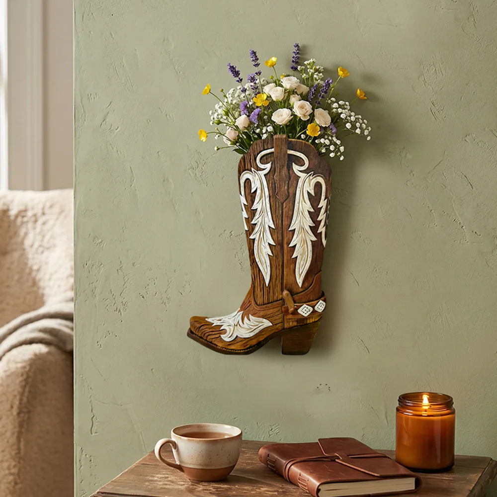 Vintage Brown Wooden Cowboy Boot Wall Vase, Embossed Pattern Wall Mounted Flower Holder, Western Farmhouse Wall Hanging Decor