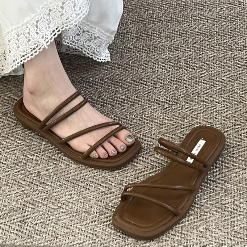 Flats Slippers Women Square Toe Dress Beach Shoes Casual Cozy Sandals New Fashion Slingback Flip Flops Brand Slides Female Shoes