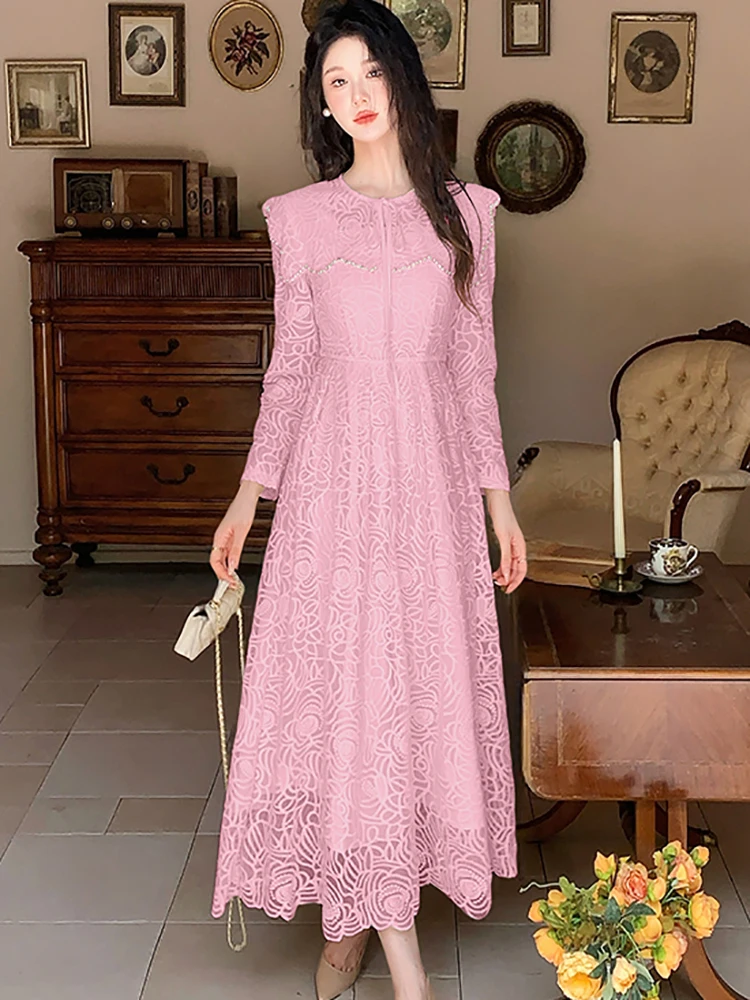 Women Pink Lace Hook Flower Hollow Bow Collar Long Dress 2026 Korean Elegant Casual Holiday Dress Autumn Winter Bodycon Dresses