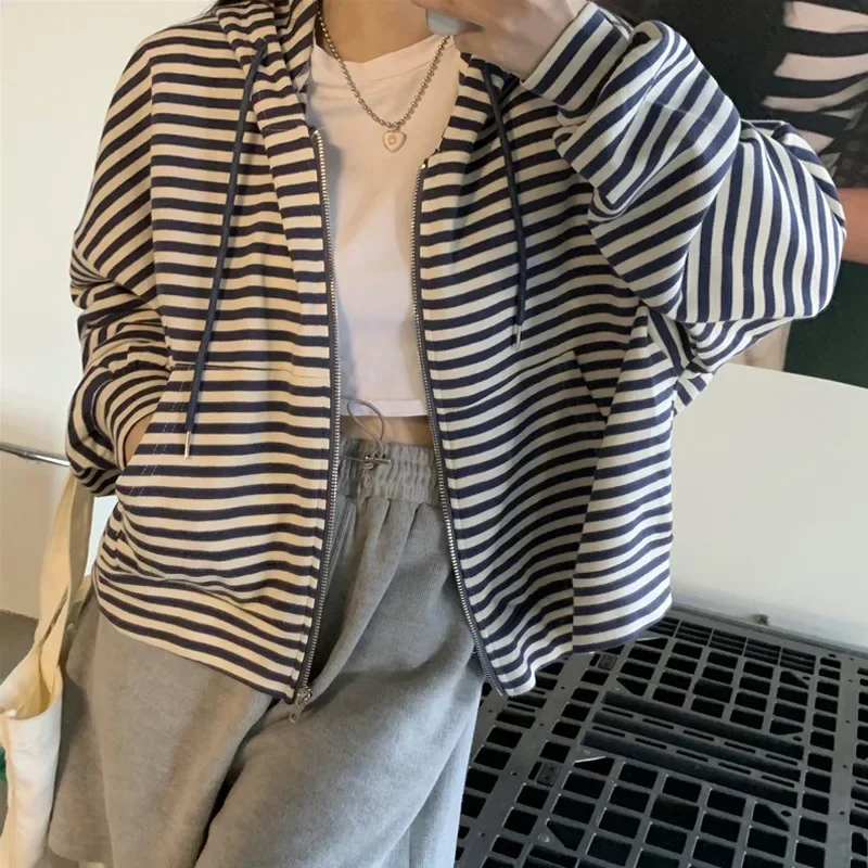 

Striped Casual Loose Long Sleeve Zipper Women's Hooded Sweatshirts Korean Fashion Female Hoodies Autumn Winter Y2k Streetwear