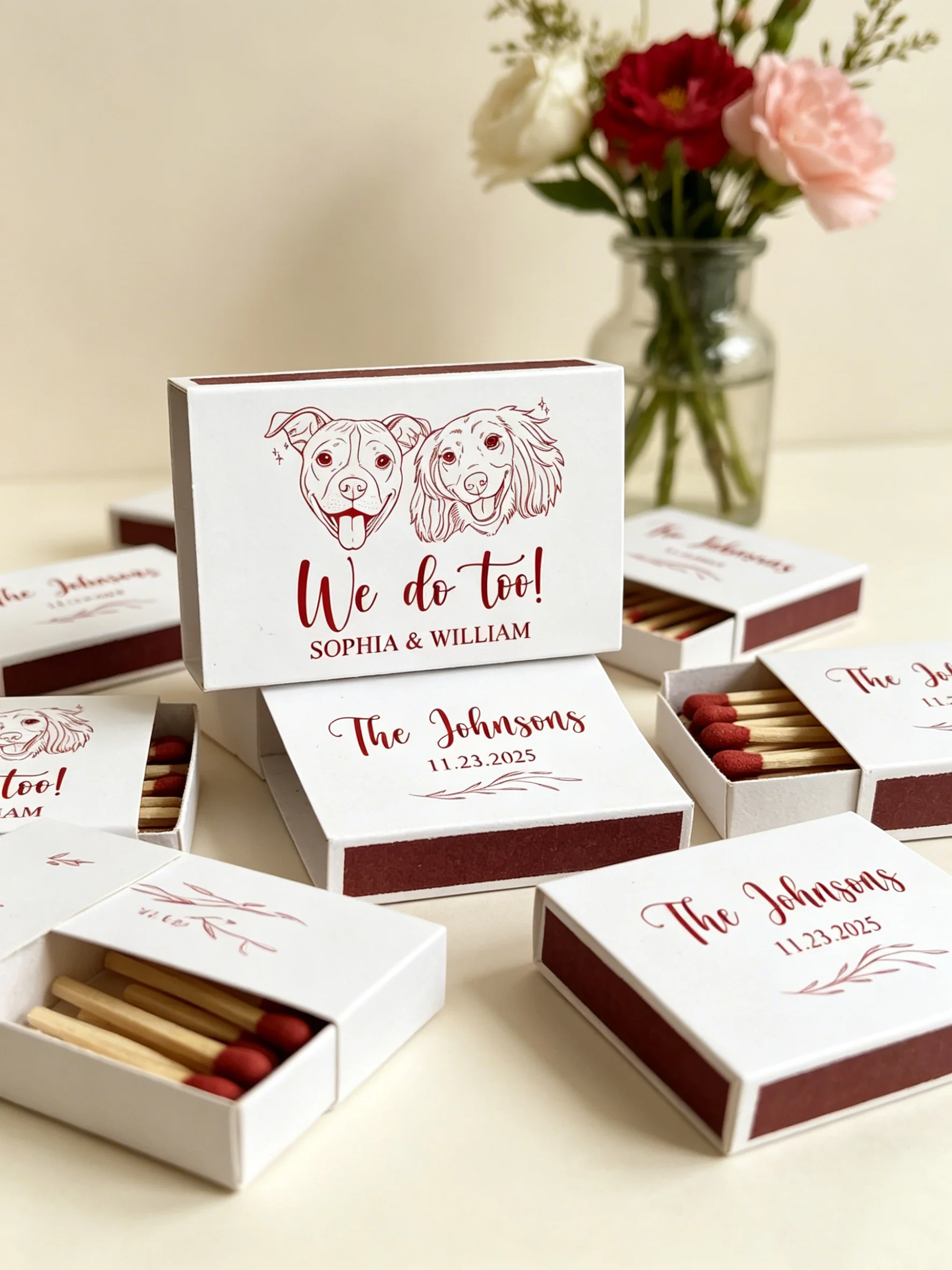 

Personalized Dog Illustration Wedding Match Boxes We Do Too Design Pet Lover Wedding Guest Favors