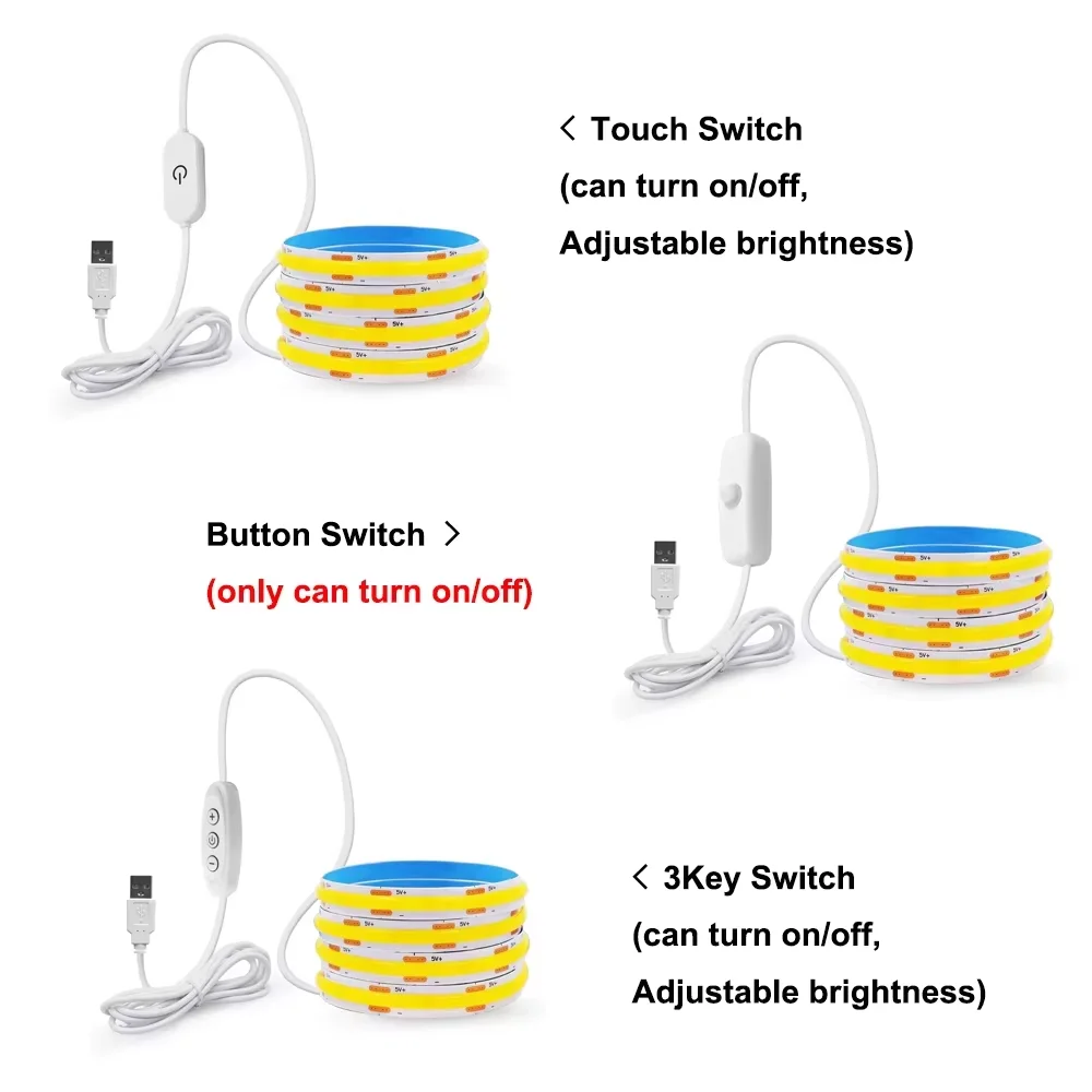 5V COB LED Light Strips USB Touch Switch Dimmable Flexible LED Tape 8MM White/Warm/Blue/Pink Ribbon Rope Led Lights Room Decor