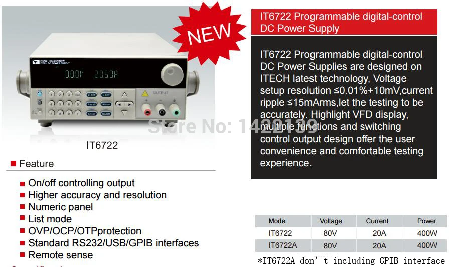 ITECH IT6722 Programmable DC Power Supply | 0-80V 0-20A 400W High Precision 10mV/10mA USB Interface