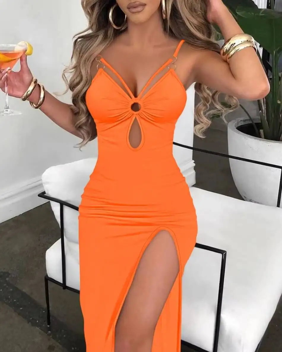 Abito da donna sexy con spalline sottili, scollo a goccia, arricciature, vestito lungo aderente, audace per primavera/estate, perfetto per feste e serate in discoteca