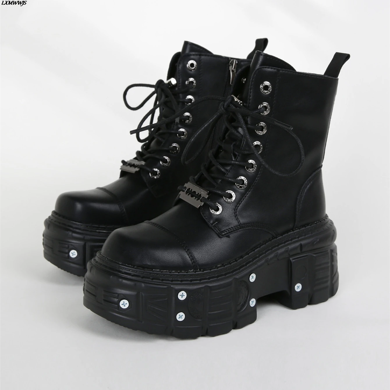 Punk style Man and Women Platform Ankle Boots Female's Rock Lace Up Retro Chunky Shoes big size Metal Decor Short Boots 2024