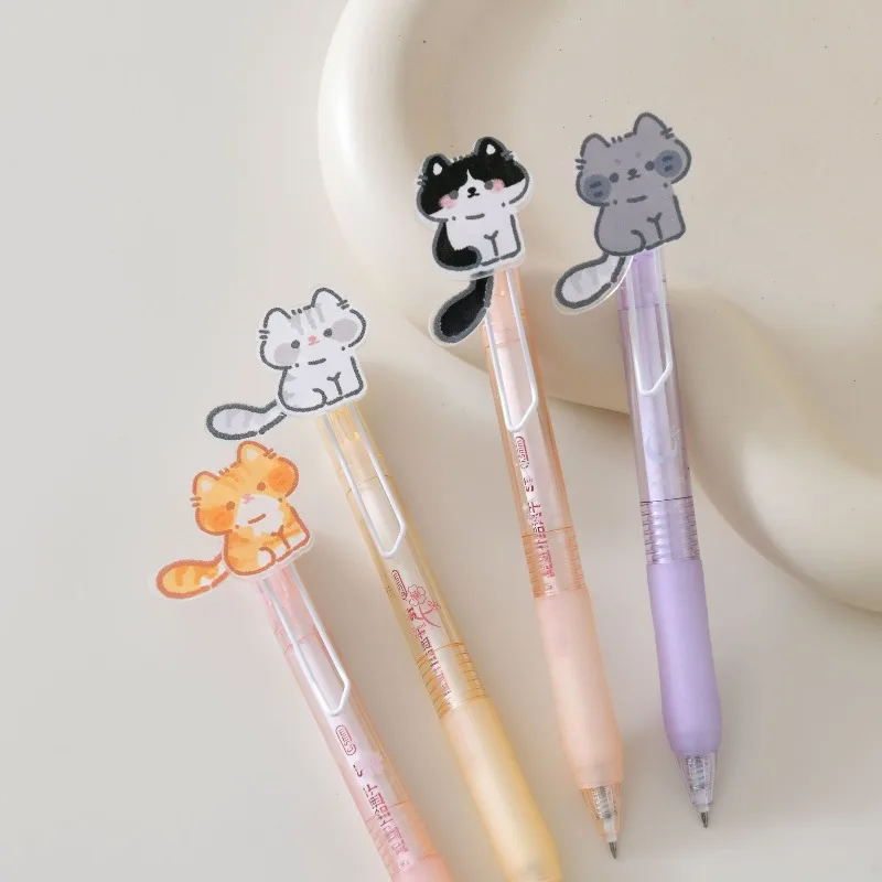 4pcs/set Cute Cartoon Cat Tail Click Pen 0.5mm Exam Smooth Writing Anti-Slip Grip Cute Animal Design Ballpoint Pen for Students