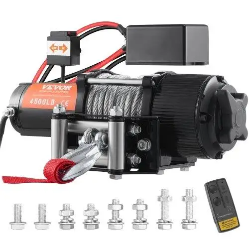 Electric Winch, 12V 4500 lb Load Capacity Steel Rope Winch, IP55 1/4” x 39ft UTV Winch with Wireless Handheld Remote &