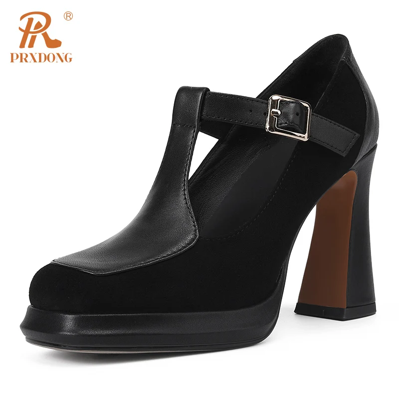 PRXDONG Genuine Leather Shoes Woman Pumps New Spring Summer High Heels Platform T-strap Retro Black Brown Dress Party Mary Janes