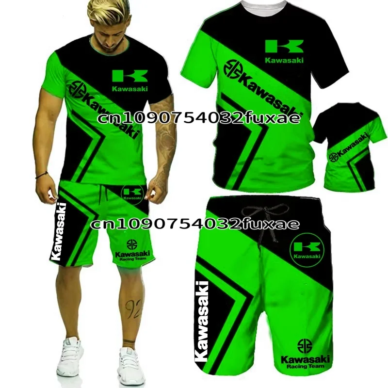 

Новая летняя мужская футболка Kawasaki Racing с 3D принтом, шорты, спортивная одежда, комплект с круглым вырезом и короткими рукавами, дышащий комплект из двух предметов MOTO